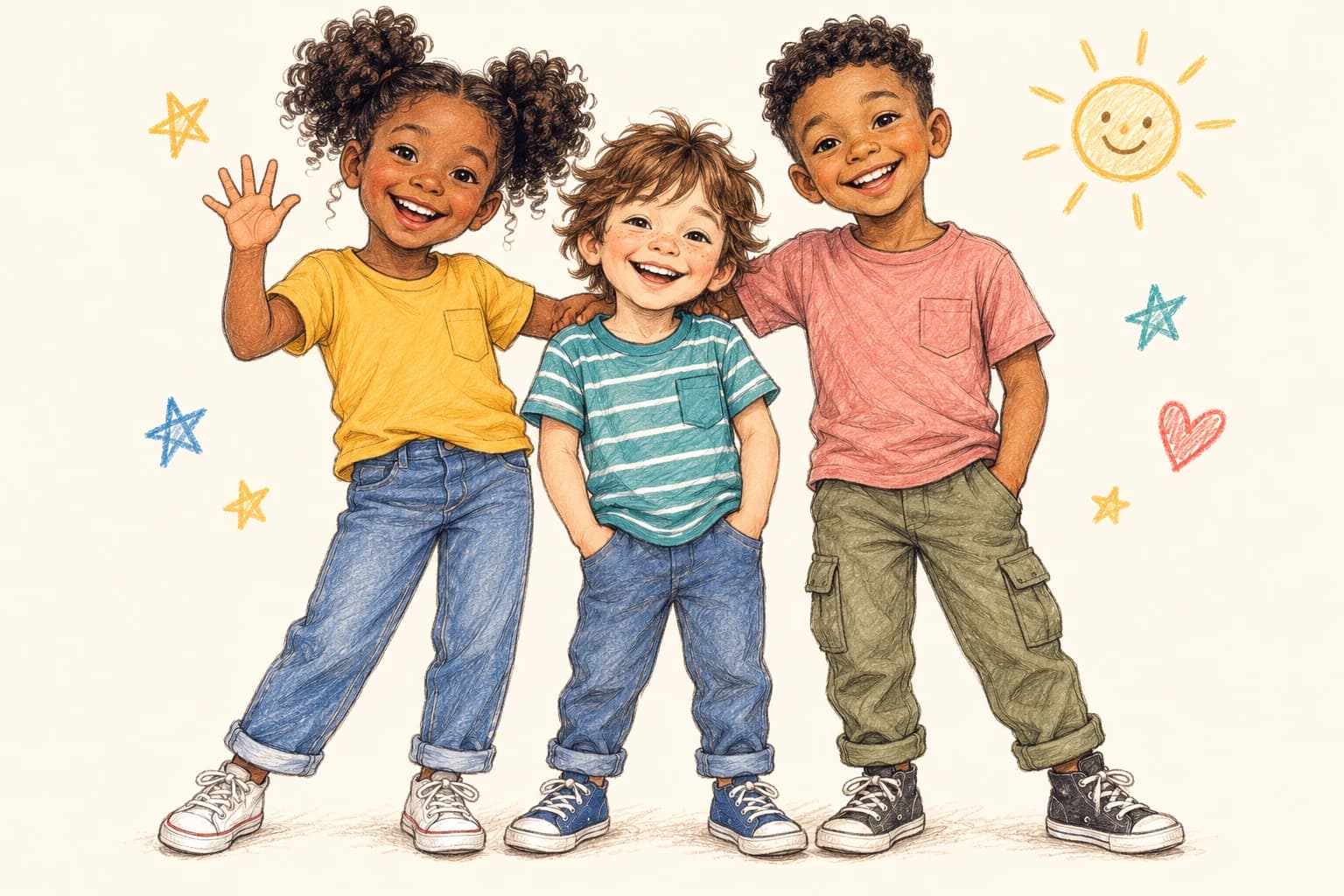 Three smiling children drawn in colored pencil, one waving hello, surrounded by doodled stars, a heart and a sun.