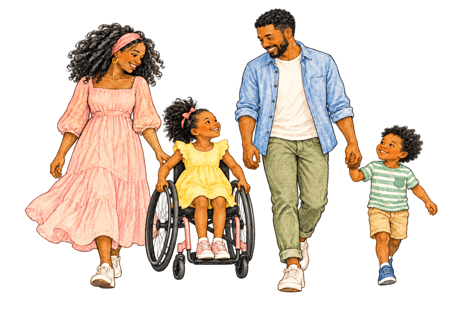 A girl using a wheelchair enjoying a family outing with her parents and brother.
