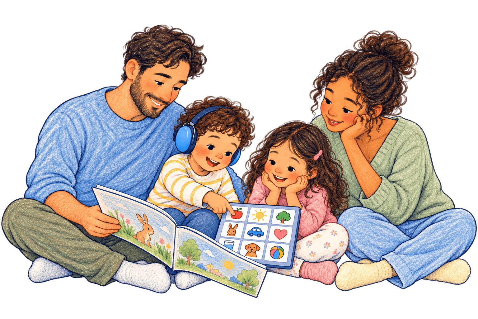 A child wearing sensory ear defenders using a picture communication board while reading with his family.