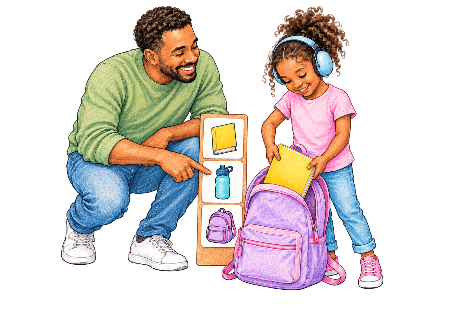 A father supporting his daughter, who wears sensory ear defenders, as she follows picture cards to pack her school bag.