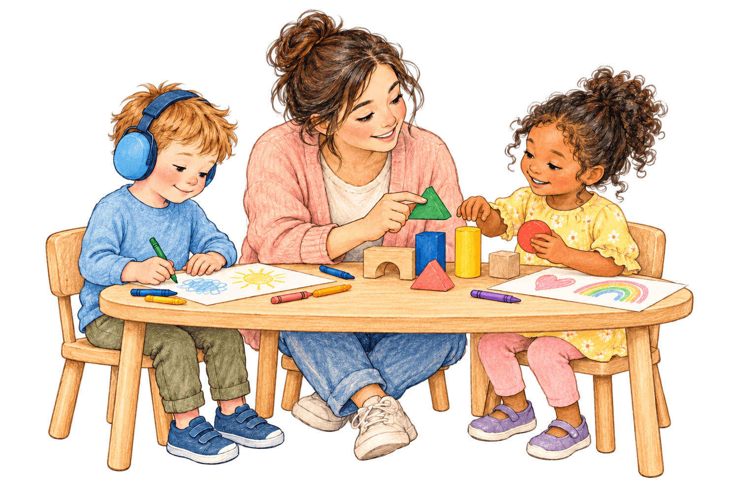 A teacher helping two children learn with shapes and crayons, with one child wearing hearing protection.